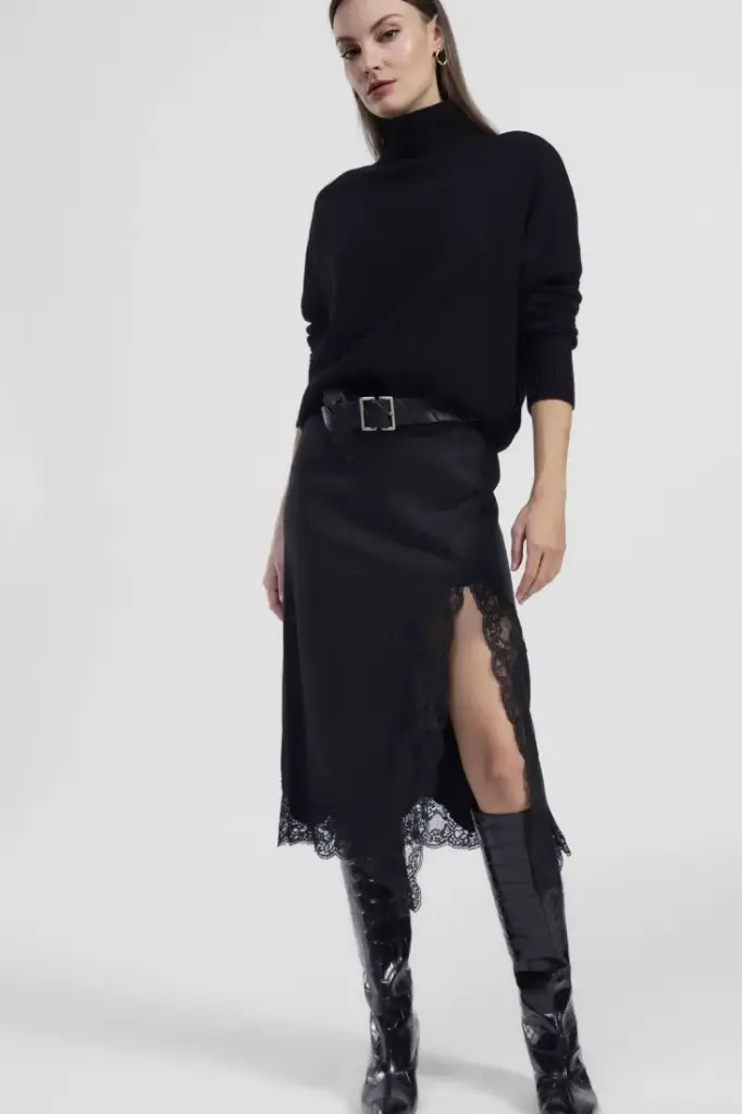 Jupe longue noire satin et dentelle - Dixie (S)