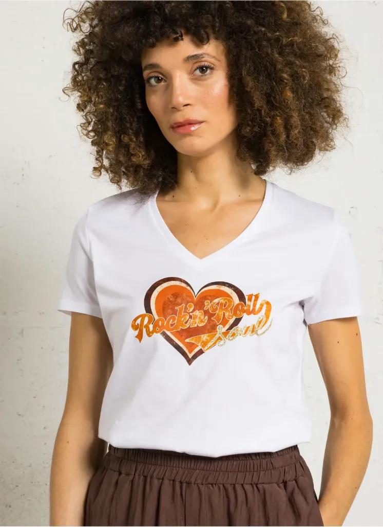 [T7663SP06S] T-Shirt blanc cintré coeur "Rock'n'roll" - Please (S)