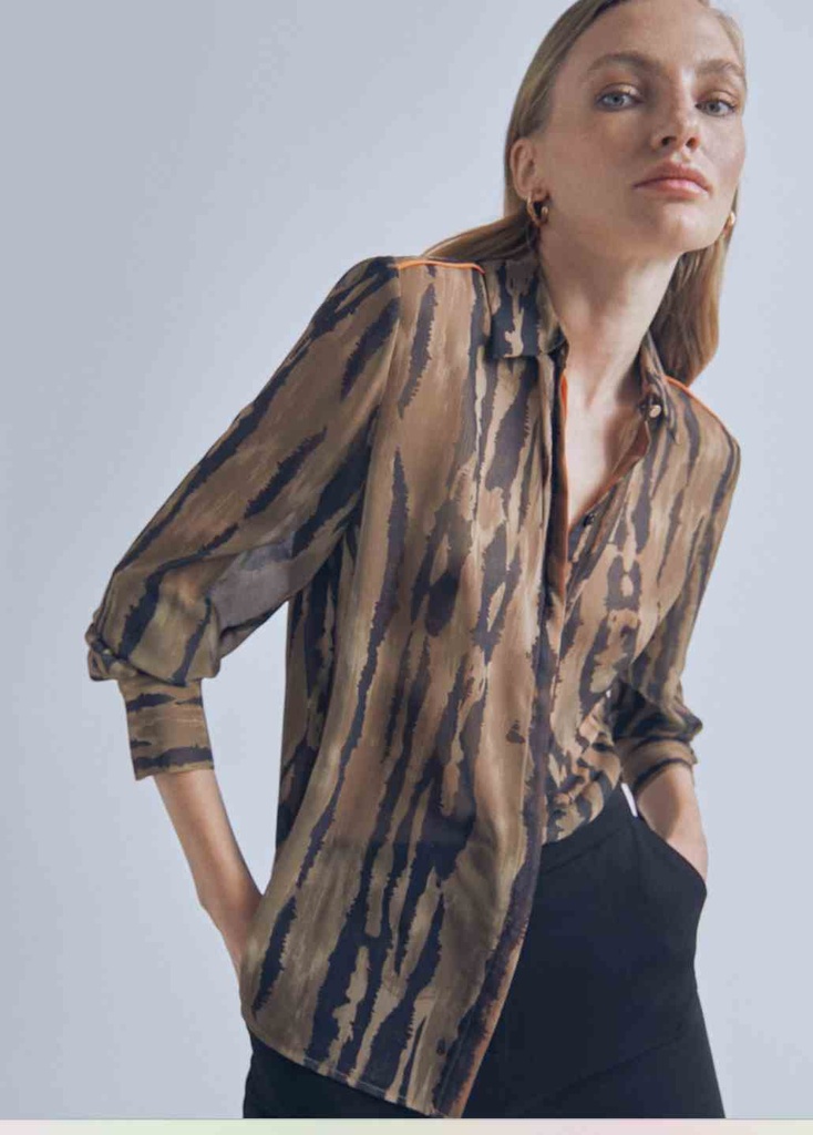 [32460004xs] Chemise Voile, Marron, Imprimé animal - Maïté by Lola (XS)