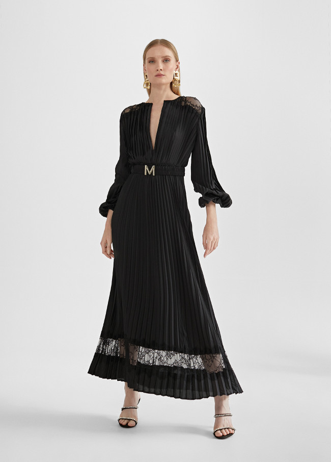 Robe plissée détail en dentelle Noire- Maïté by Lola